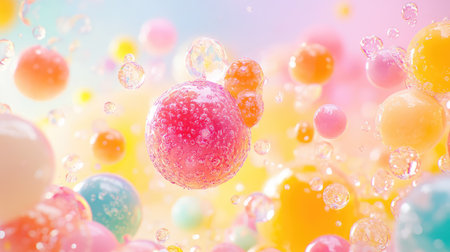 Colorful spheres with gelatinous textures float in a light fog, evoking whimsy and softnessの素材