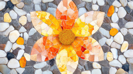 Stone mosaic floral design featuring yellow petals on gray background in a symmetrical close-upの素材