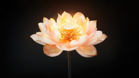 Single glowing lotus flower with golden metallic sheen standing out boldly from a black voidの素材