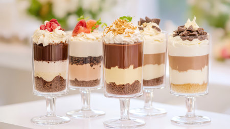 Dessert display for Chocolate Parfait Day featuring various glass cups filled with mousse, custard, and cream layersの素材