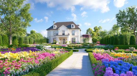 Classic European garden layout with radiant blooms and trimmed hedges leading to a French country houseの素材