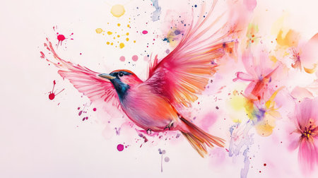 Artistic pastel bird soaring against a white backdrop, accented by splashes of ink and soft brush strokesの素材