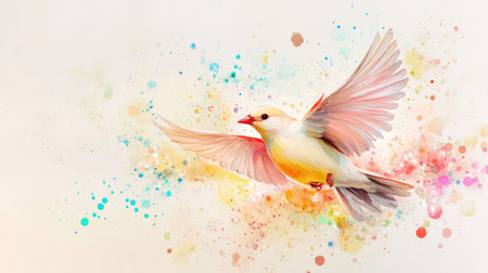 Artistic pastel bird soaring against a white backdrop, accented by splashes of ink and soft brush strokesの素材