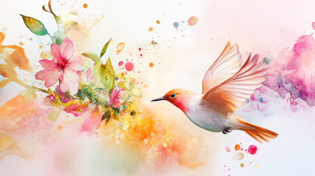 Flying bird rendered in gentle pastel tones with loose watercolor edges and expressive ink splattersの素材