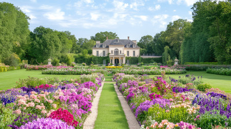Manicured floral rows guide the viewer toward a stately French home, evoking peace and refinementの素材