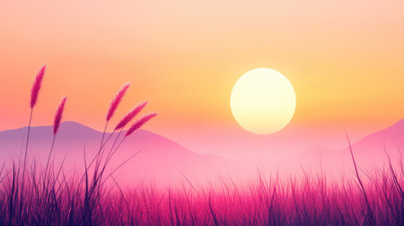Sunset scene with soft pink and orange sky above a dark grassy field, emphasizing natural simplicityの素材