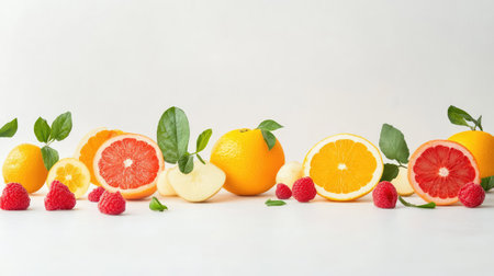 Health-themed layout featuring colorful fruits and vegetables on clean white background, fresh and invitingの素材