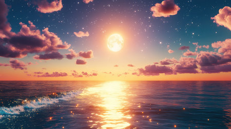 Moonlight shimmers across a calm sea at night, forming a luminous path over the gentle wavesの素材