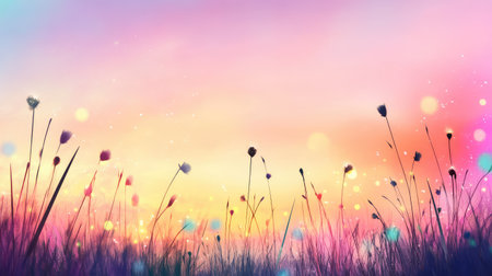 Soft pastel sunset lights up the sky over a silhouetted field of swaying grass, serene and calmの素材