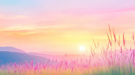 Grassy field in silhouette beneath a gentle gradient sky of pastel sunset colors, evoking peaceの素材