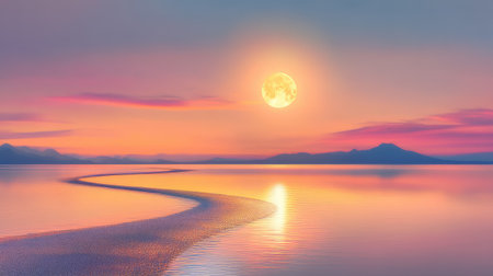 Luminous full moon over dark sea creates a glowing silver pathway, blending calm with abstract wonderの素材