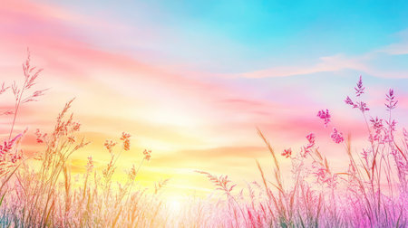 Vibrant pastel sky fades over a quiet horizon of wild grass, bathed in sunset lightの素材