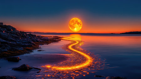 Full moon reflecting on the dark sea with a glowing water trail, capturing the surreal beauty of nightの素材