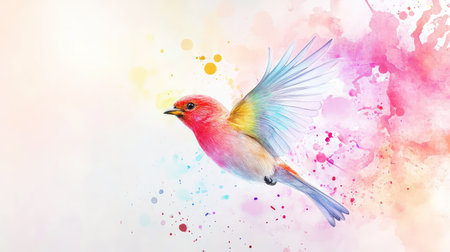 Delicate pastel bird with flowing wings captured in watercolor with artistic splashes of ink around itの素材