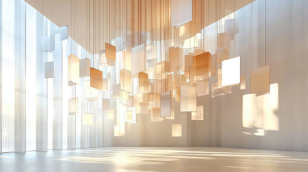 Airy modern design with translucent rectangles suspended across a bright white backgroundの素材