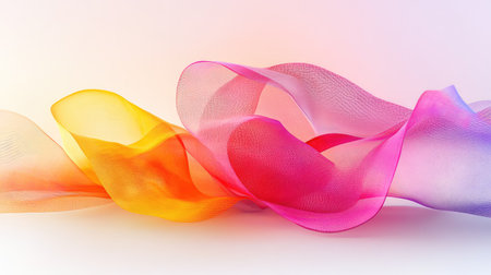 3D abstract looped ribbon in mesh form, folded intricately and rendered with vivid color gradients on soft backdropの素材