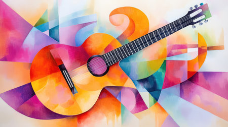 Fragmented guitars in angular abstraction, painted with expressive color fields and structured linesの素材