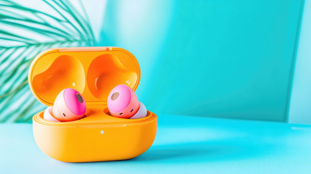 Flatlay of wireless earbuds in orange and pink nestled in matching case, set against a vivid blue surfaceの素材