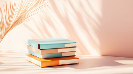 Minimalist scene with three stacked leather notebooks, color-blocked in blue, orange, and brown on soft backgroundの素材