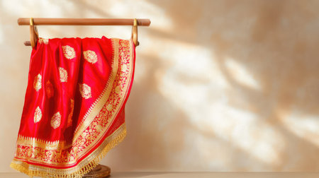 Ornate Banarasi silk sari in brilliant red, with detailed gold motifs, hanging gracefully on wooden stand over beige wallの素材