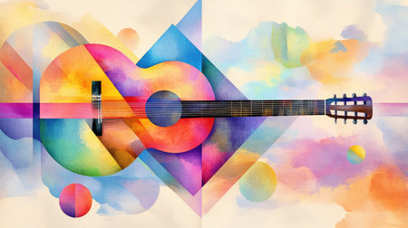 Abstract musical composition with layered guitar outlines in angular shapes, vivid colors and textured backgroundの素材