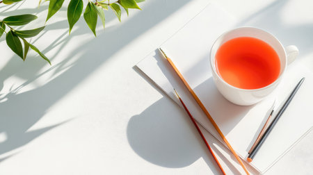 Bright workspace flatlay featuring tea and drawing tools with warm sunlight casting long shadowsの素材