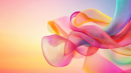 Floating mesh ribbon loop with folded structure and vibrant spectrum of colors in a soft-focus 3D compositionの素材