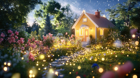 Cozy yellow mini cottage glowing under the stars in a quiet garden, radiating warmth and wonderの素材