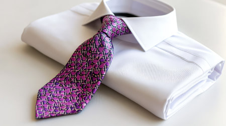 Minimalist styling of formal wear: shirt folded precisely, tie with sharp lines and repeating geometric patternの素材