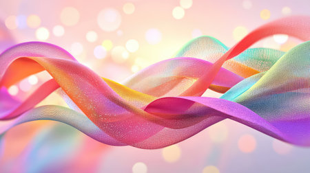 Digitally rendered folded ribbon loop with mesh texture and luminous colors suspended in abstract spaceの素材