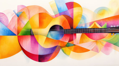 Dynamic shapes and vibrant colors form abstract guitars in geometric interplay, artistic musical expressionの素材