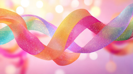 Folded ribbon loop made of colorful mesh in a luminous 3D environment, floating with a sense of balance and motionの素材