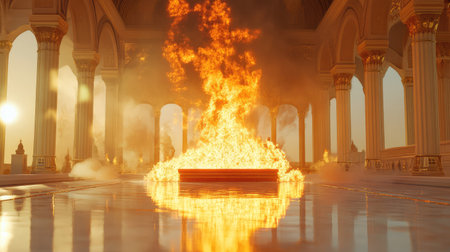 Burning flame inside Zoroastrian temple, central altar glowing with warm light in serene spiritual spaceの素材