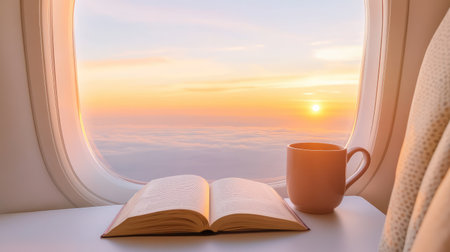 Minimal tray table setup on plane: coffee mug, open book, and soft dawn glow outside windowの素材