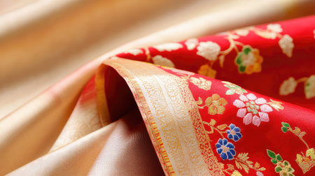 Heritage textile presentation: red Banarasi sari with ornate patterns shown close-up on wooden frame against beigeの素材