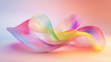 Vivid 3D render of a folded mesh ribbon loop, swirling in dynamic curves with iridescent colors and soft shadows on a neutral backgroundの素材