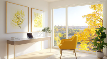 Modern workspace with yellow chair, framed art, clean desk, and soft morning sunlight creating a cozy aestheticの素材