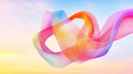 Floating mesh ribbon loop with folded structure and vibrant spectrum of colors in a soft-focus 3D compositionの素材