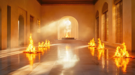 Spiritual glow of eternal fire in Zoroastrian worship, emphasizing sacred light in minimalist temple settingの素材
