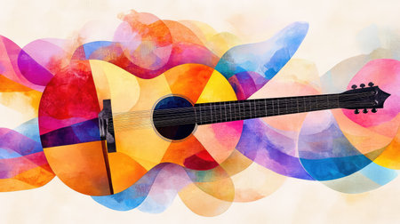 Abstract musical composition with layered guitar outlines in angular shapes, vivid colors and textured backgroundの素材