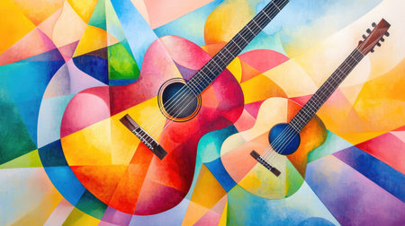 Expressionist painting of guitars in fragmented geometric style, merging musical elements with visual abstractionの素材