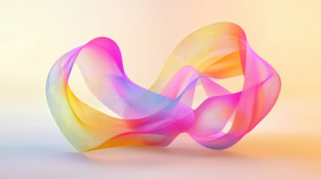 Vivid 3D render of a folded mesh ribbon loop, swirling in dynamic curves with iridescent colors and soft shadows on a neutral backgroundの素材