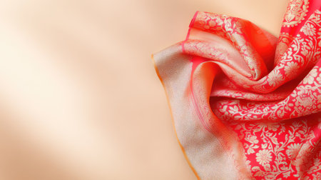 Heritage textile presentation: red Banarasi sari with ornate patterns shown close-up on wooden frame against beigeの素材