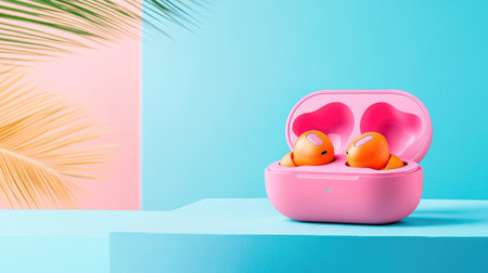 Vibrant pink and orange wireless earbuds in open charging case on a bold blue backdrop, styled with modern minimalismの素材