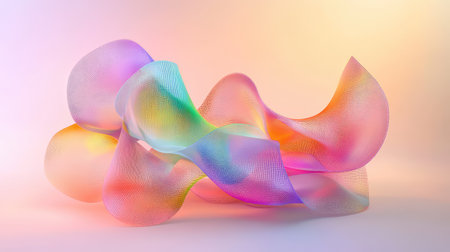 Vivid 3D render of a folded mesh ribbon loop, swirling in dynamic curves with iridescent colors and soft shadows on a neutral backgroundの素材