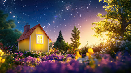 Cozy yellow mini cottage glowing under the stars in a quiet garden, radiating warmth and wonderの素材
