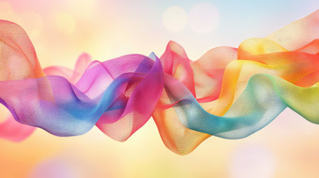 Floating mesh ribbon loop with folded structure and vibrant spectrum of colors in a soft-focus 3D compositionの素材