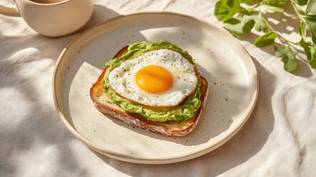 Flatlay of weekend brunch with avocado toast, sunny-side-up egg, and latte in ceramic cup on linen tableclothの素材