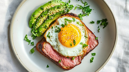 Flatlay of weekend brunch with avocado toast, sunny-side-up egg, and latte in ceramic cup on linen tableclothの素材