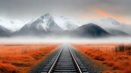 Foggy field with empty railway lines vanishing into the distance, leading the eye to towering snow-covered peaksの素材